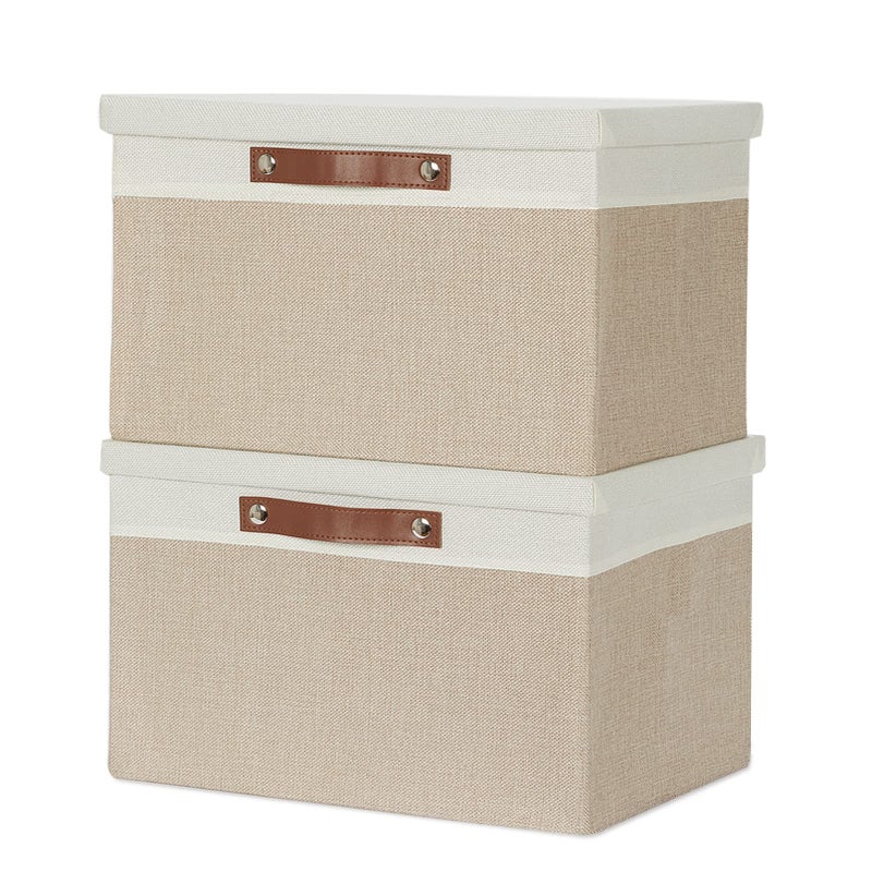 Temary Foldable Storage Bins with Lids, [2-Pack] Large Storage Baskets with Lid, Fabric Storage Bin for Organizing Home (White & Khaki, 15x11x9.5inch) - Image 1